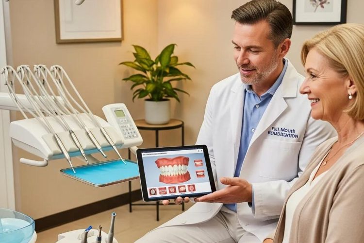 Dentista mostrando a paciente una tablet con imágenes de rehabilitación bucal completa en un consultorio moderno de La Clínica Dental Santa Fe.