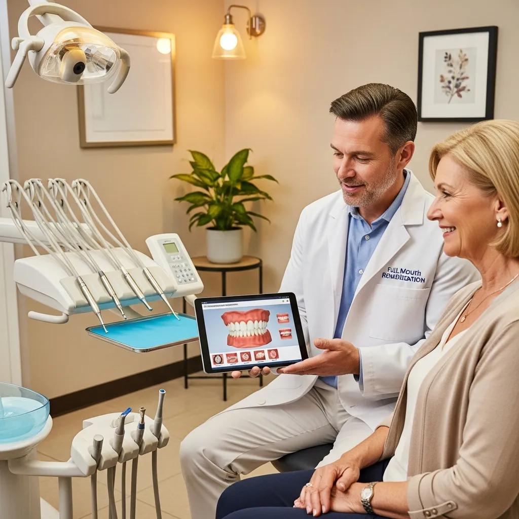 Dentista mostrando a paciente un plan de rehabilitación bucal completo en una clínica dental moderna, con equipo dental visible y ambiente acogedor.