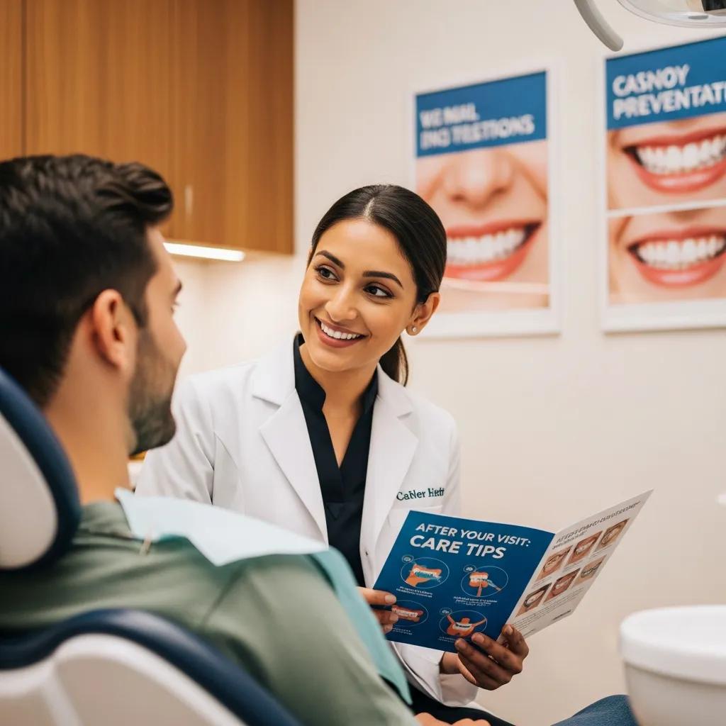 Profesional dental asesorando a un paciente sobre cuidados post tratamiento en clínica dental, con folleto de recomendaciones en mano.