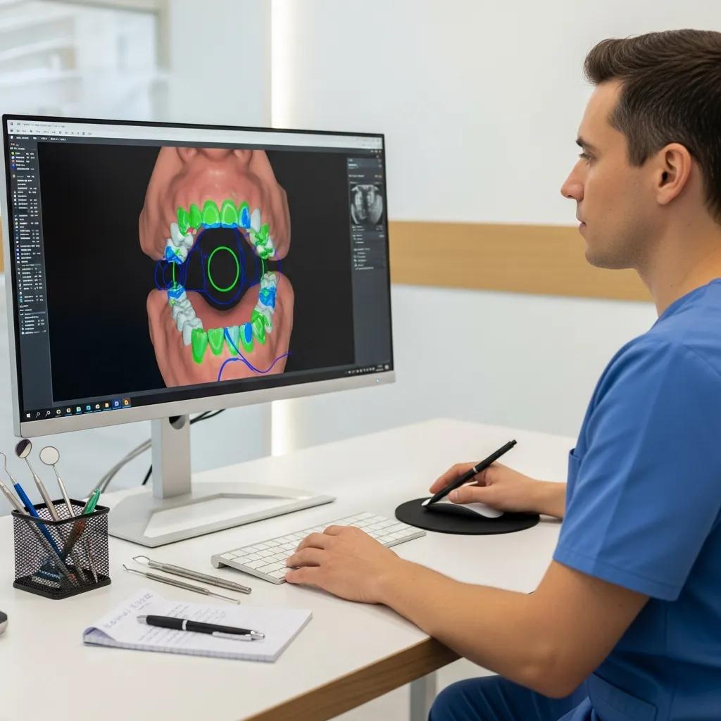 Profesional dental planificando tratamiento de rehabilitación oral con tecnología digital, visualizando un modelo 3D de boca en pantalla.