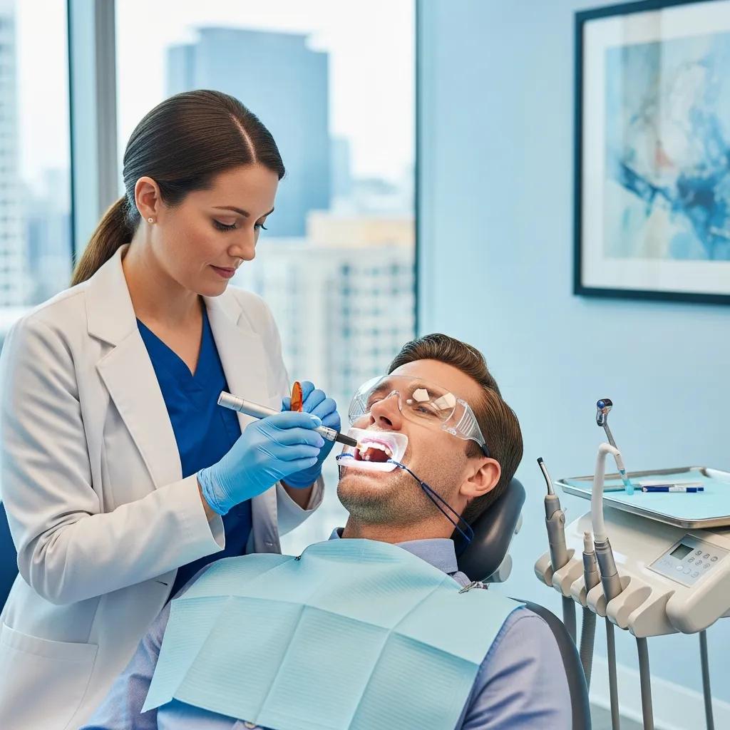 Dentista aplicando un tratamiento de blanqueamiento dental a un paciente en un consultorio moderno, ilustrando servicios de estética dental profesional.