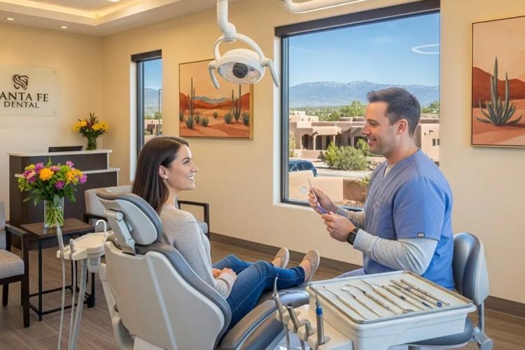 Paciente sonriente en silla dental conversando con dentista en clínica moderna, resaltando servicios estéticos y de salud bucal de La Clínica Dental Santa Fe.