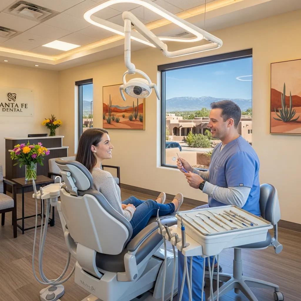 Paciente sonriente en silla dental conversando con dentista en clínica moderna, herramientas dentales visibles, ambiente acogedor.