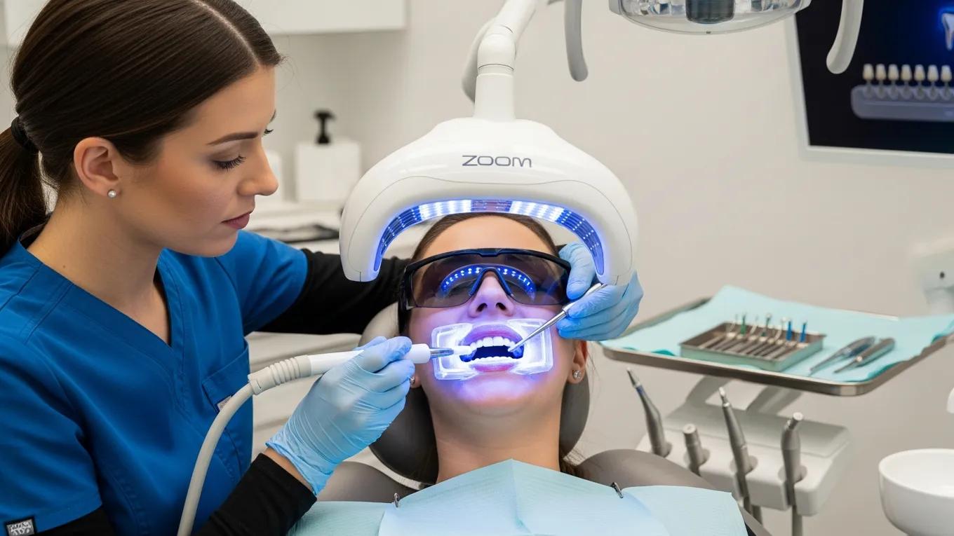 Dental professional applying Zoom whitening gel with LED light in a modern clinic