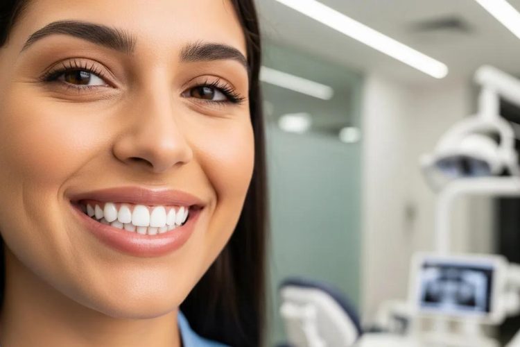 Patient smiling confidently after Zoom dental whitening treatment in a modern clinic