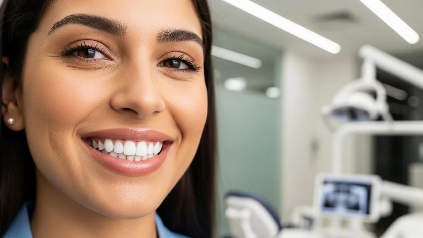 Patient smiling confidently after Zoom dental whitening treatment in a modern clinic